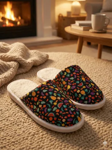 Papuci de casă damă cu puf, negri, cu imprimeu fructe – comozi și călduroși