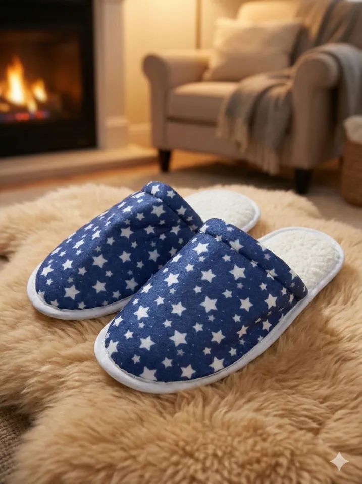Papuci de casă damă cu puf, cu imprimeu steluțe – comozi și călduroși