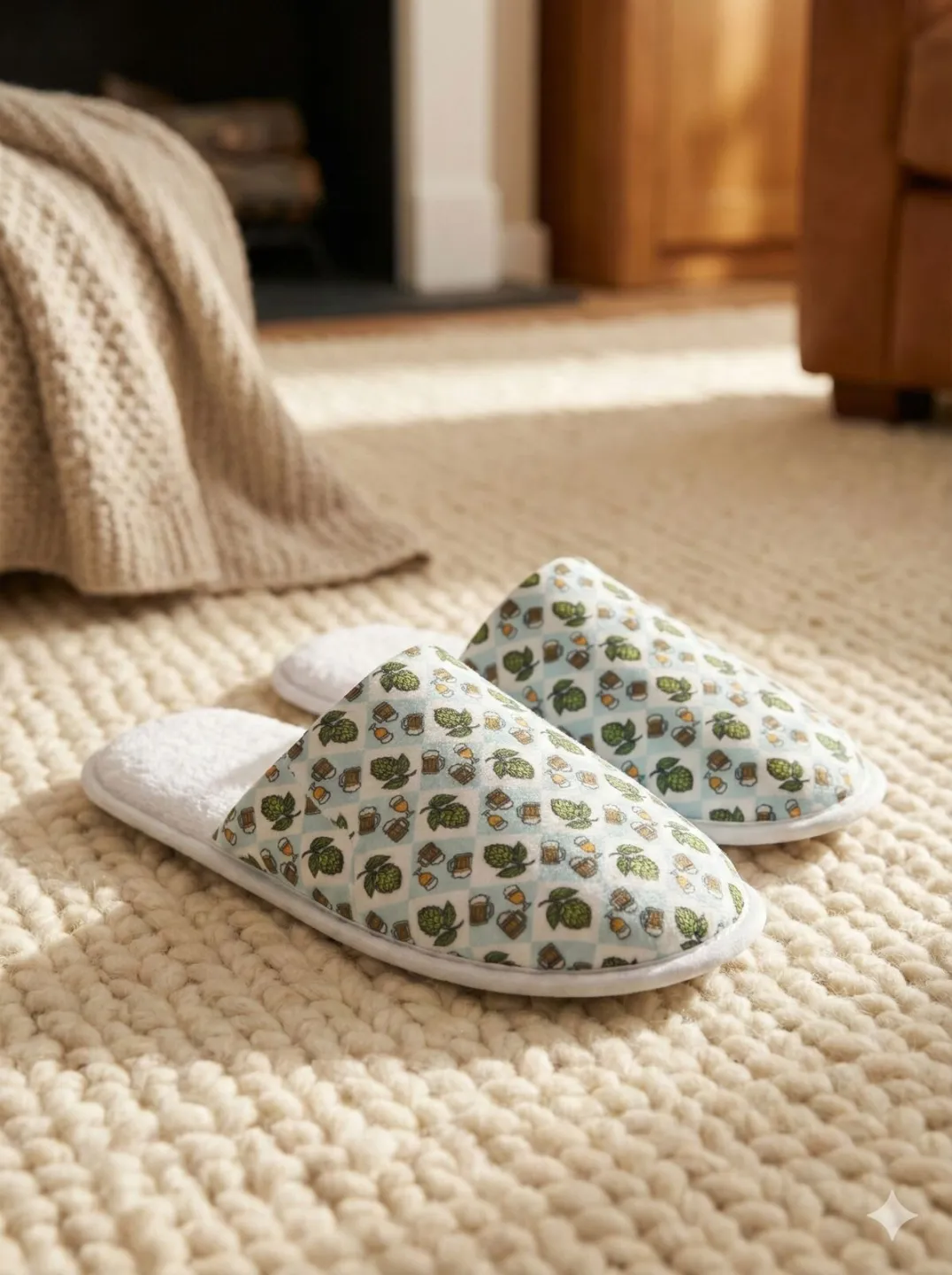 Papuci de casă pentru bărbați, în carouri bleu, cu imprimeu bere – comozi și călduroși - 1