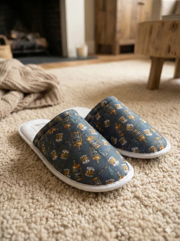 Papuci de casă bărbați, albastru închis, imprimeu whiskey