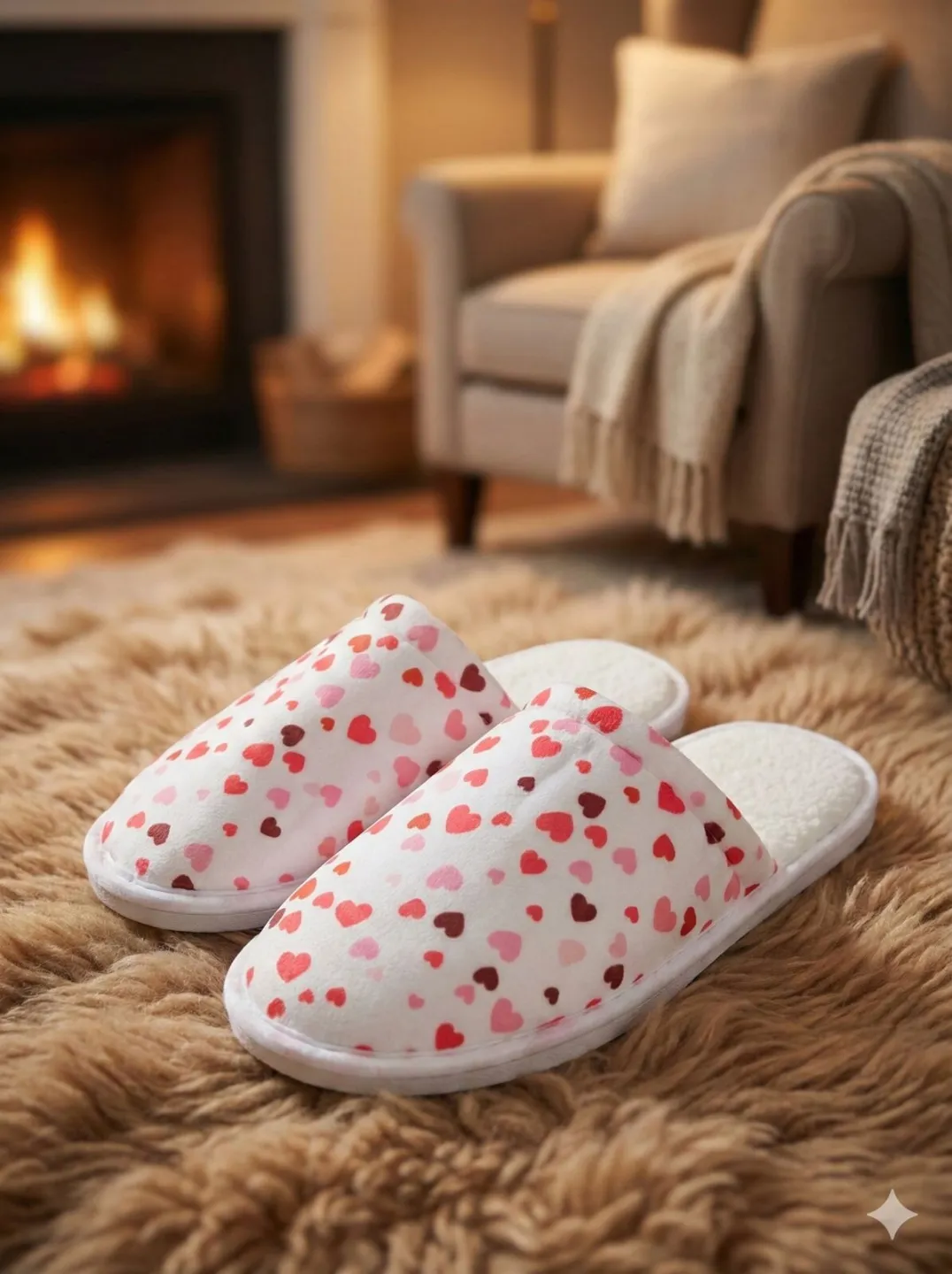 Papuci de casă damă albi cu inimioare și puf - 1
