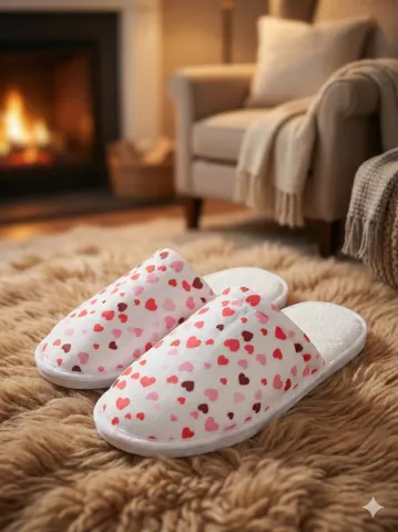 Papuci de casă damă albi cu inimioare și puf