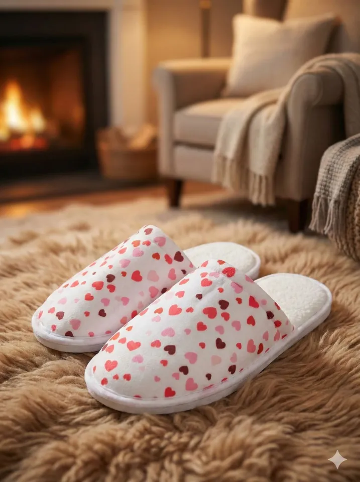 Papuci de casă damă albi cu inimioare și puf