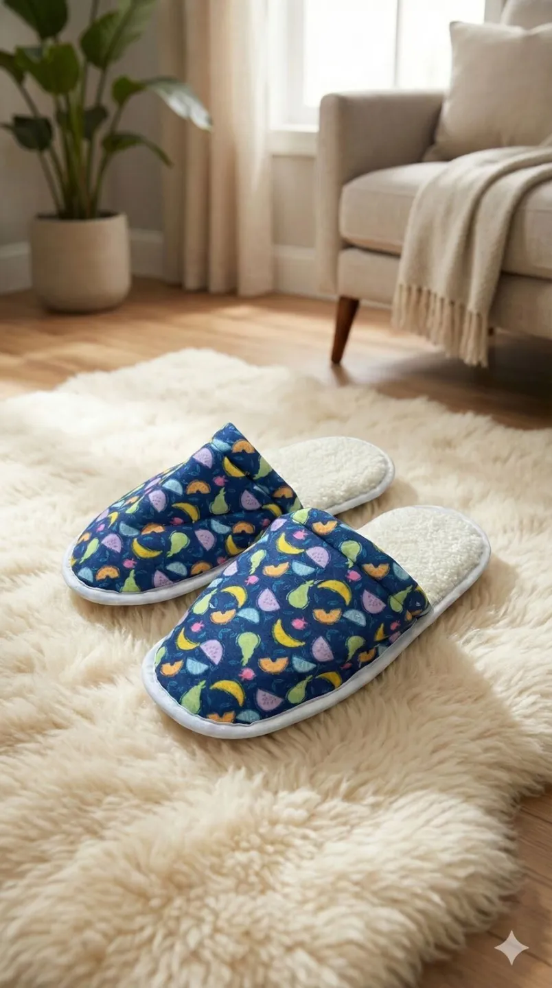 Papuci damă bleumarin cu fructe și puf - 1