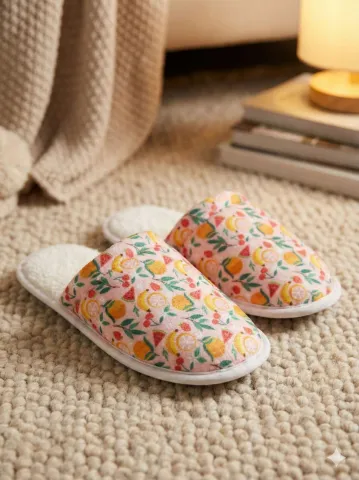 Papuci damă roz cu fructe și puf