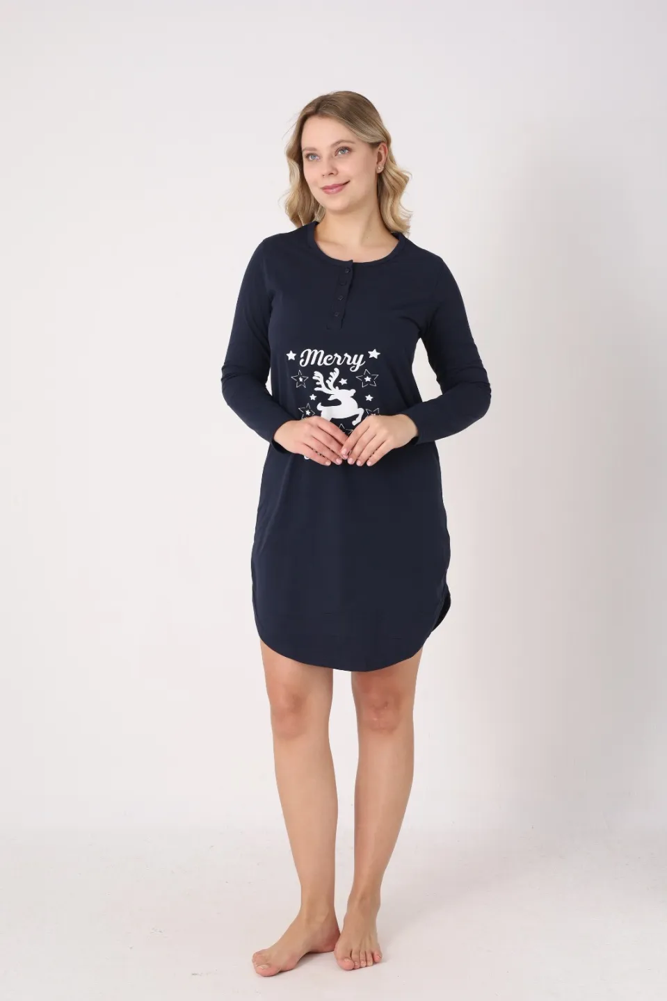 Rochie damă Crăciun bleumarin cu ren „Merry Christmas”, mânecă lungă și nasturi la decolteu - 2