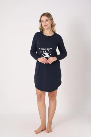 Rochie damă Crăciun bleumarin cu ren „Merry Christmas”, mânecă lungă și nasturi la decolteu hover