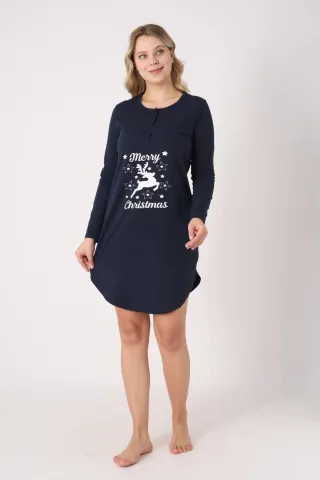 Rochie damă Crăciun bleumarin cu ren „Merry Christmas”, mânecă lungă și nasturi la decolteu