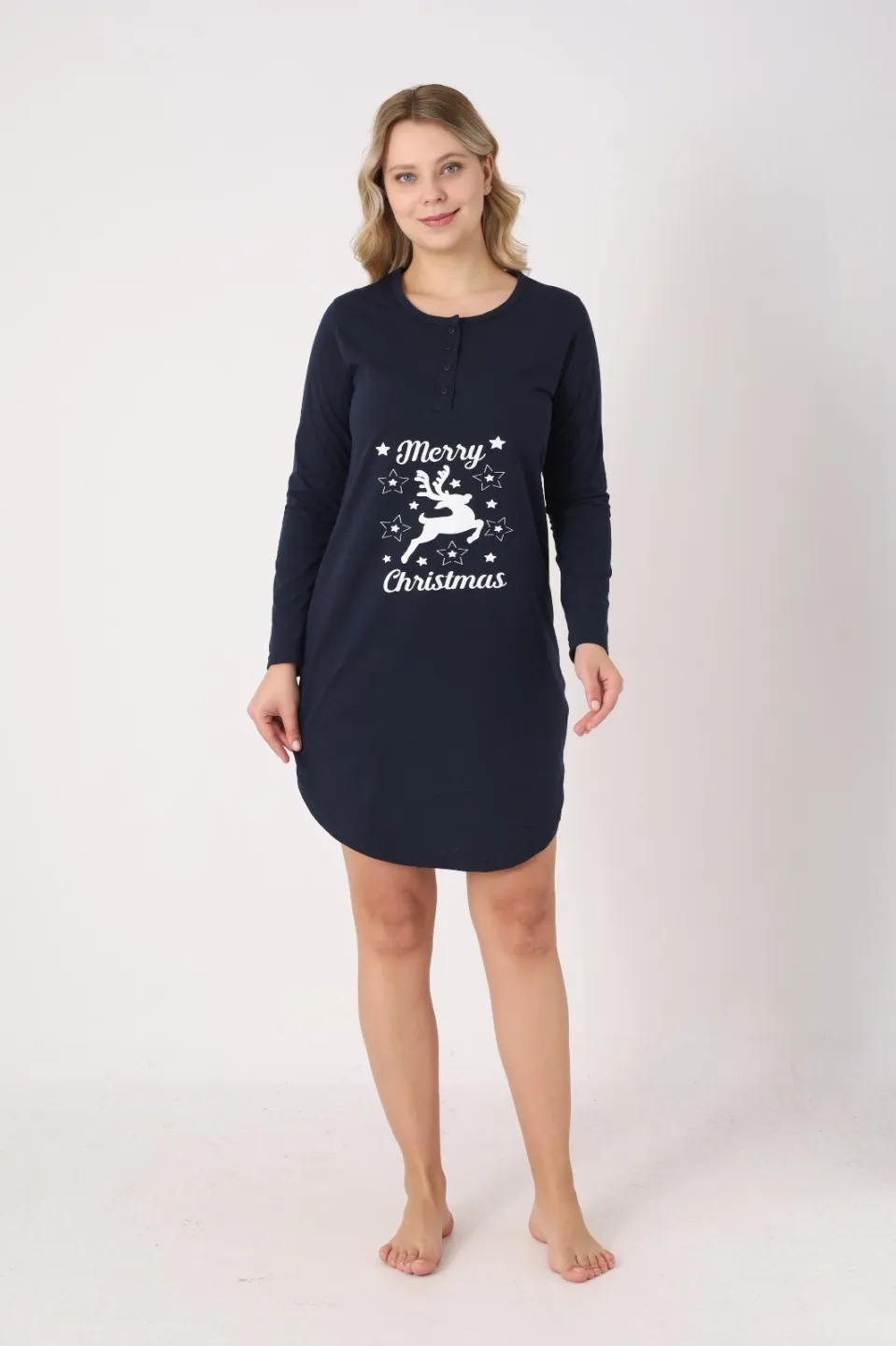 Rochie damă Crăciun bleumarin cu ren „Merry Christmas”, mânecă lungă și nasturi la decolteu - 5