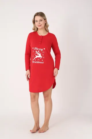 Rochie damă Crăciun roșie cu ren „Merry Christmas”, mânecă lungă și nasturi la decolteu