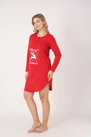 Rochie damă Crăciun roșie cu ren „Merry Christmas”, mânecă lungă și nasturi la decolteu hover