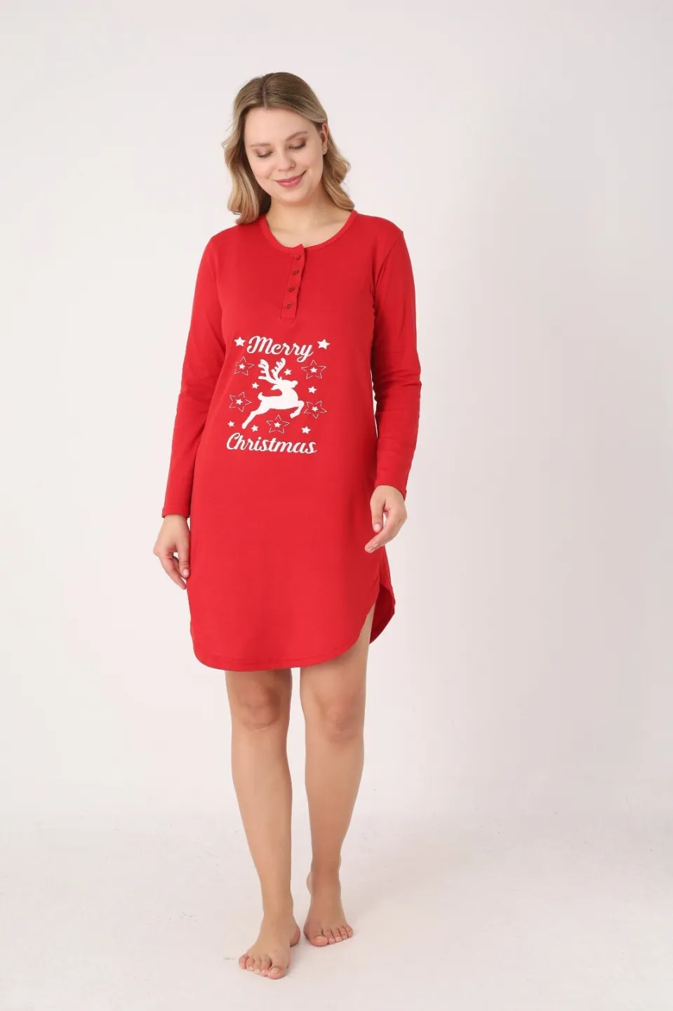 Rochie damă Crăciun roșie cu ren „Merry Christmas”, mânecă lungă și nasturi la decolteu - 3