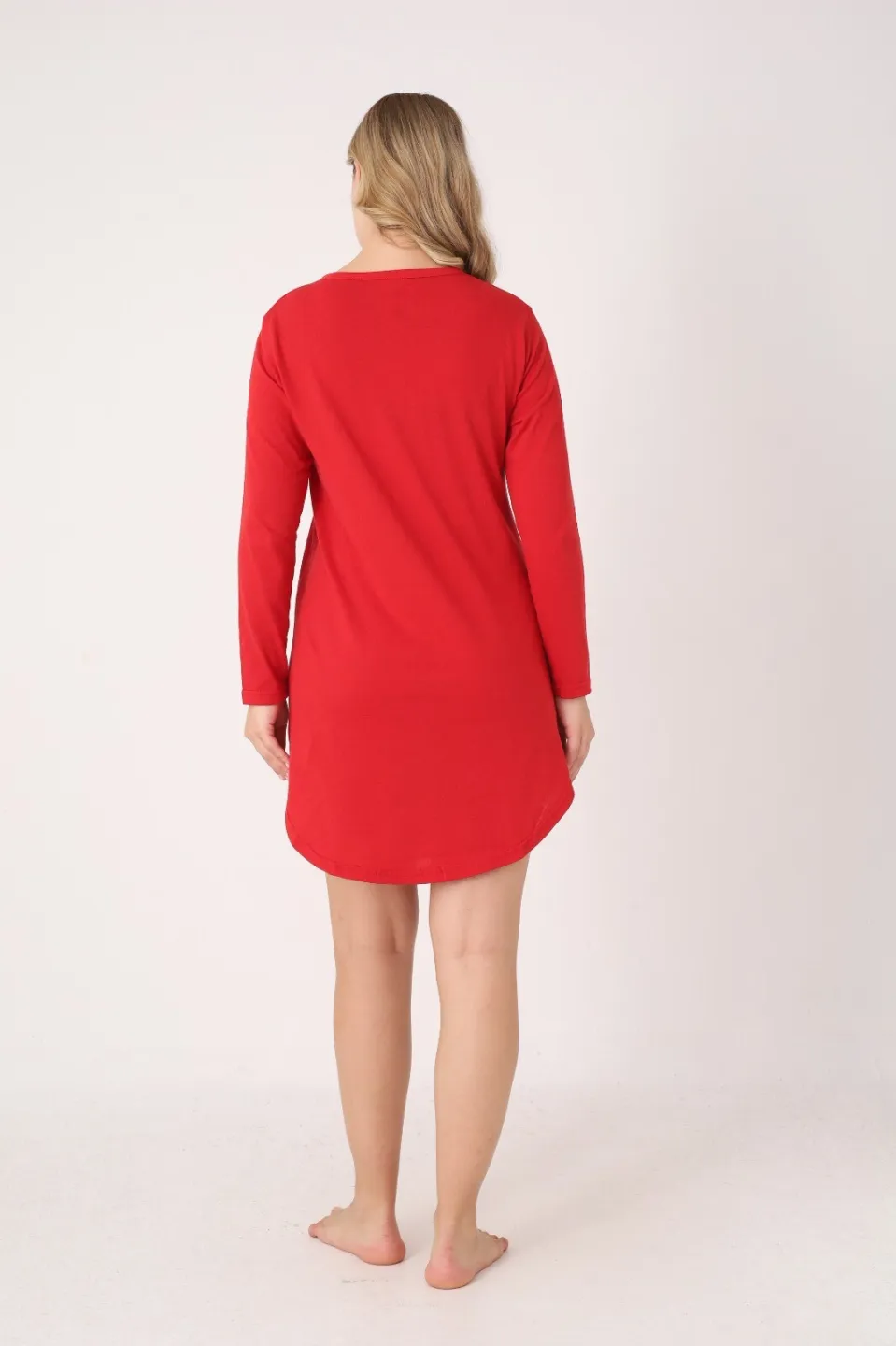 Rochie damă Crăciun roșie cu ren „Merry Christmas”, mânecă lungă și nasturi la decolteu - 4