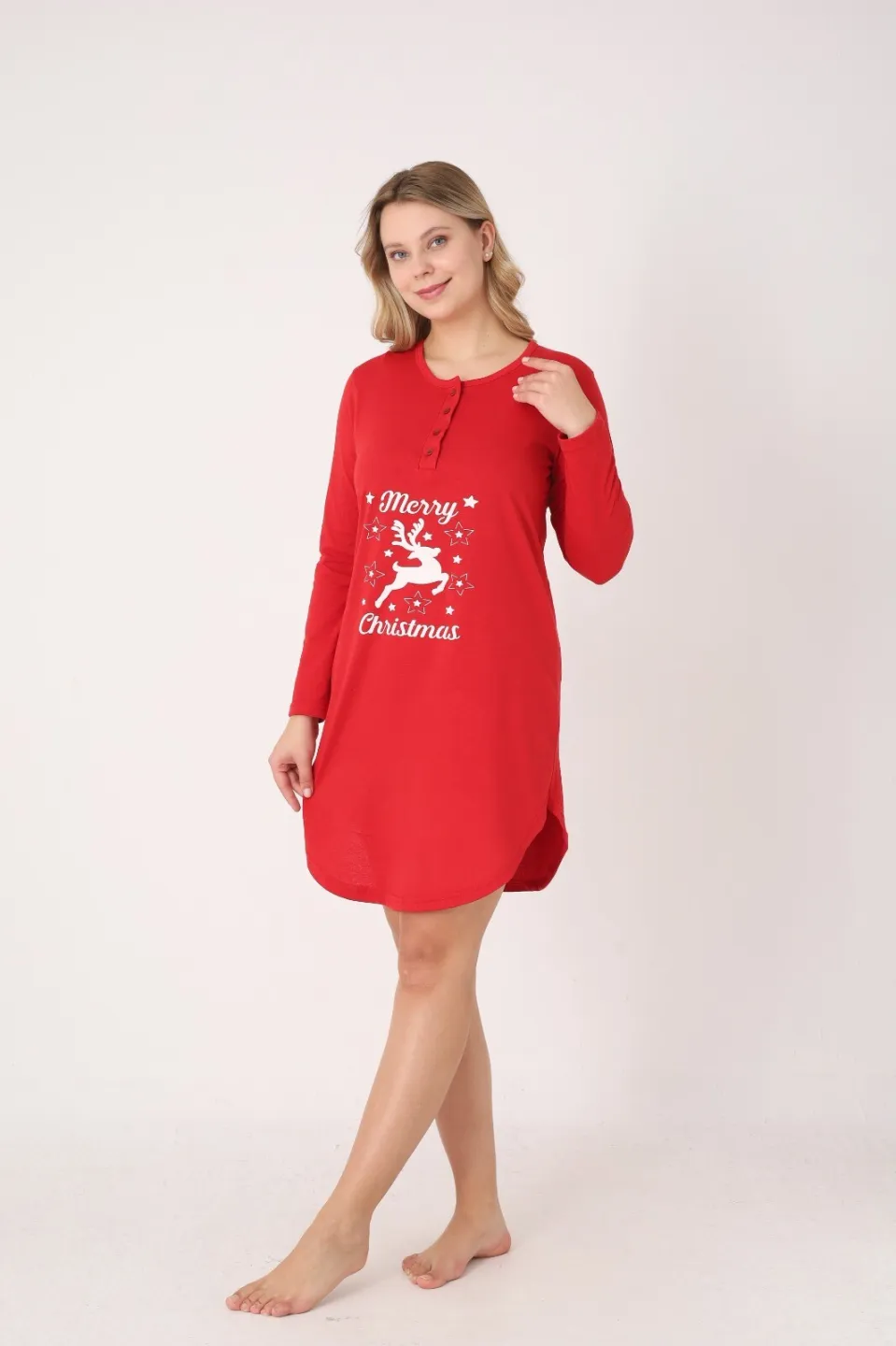 Rochie damă Crăciun roșie cu ren „Merry Christmas”, mânecă lungă și nasturi la decolteu - 5