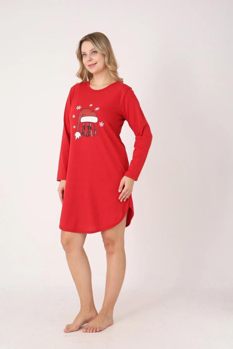 Rochie damă Crăciun roșie cu căciulă „Ho Ho Ho”, mânecă lungă - 1