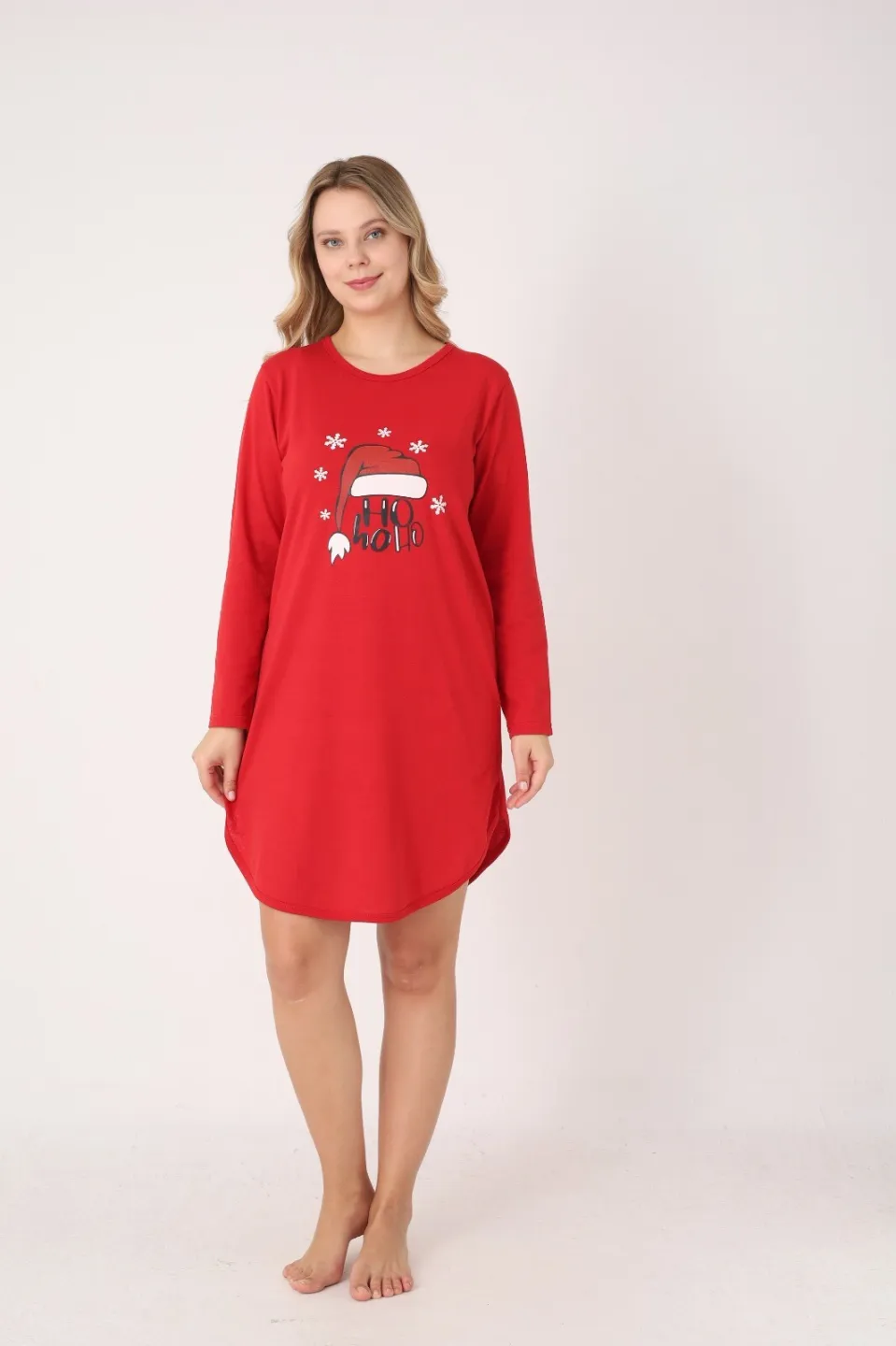 Rochie damă Crăciun roșie cu căciulă „Ho Ho Ho”, mânecă lungă - 3