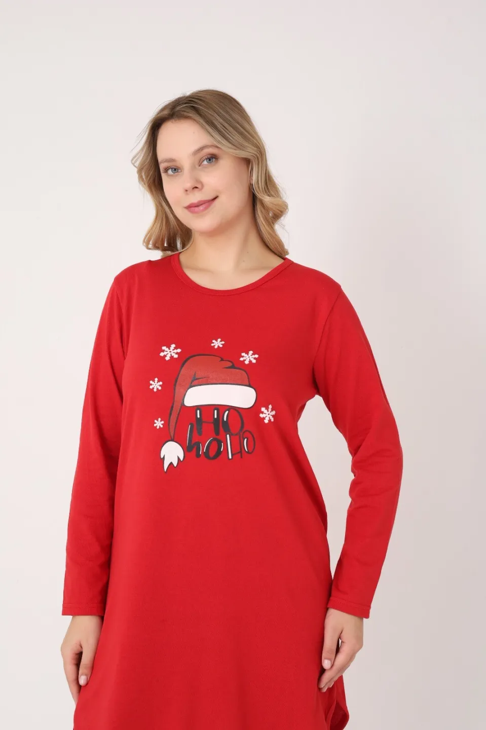 Rochie damă Crăciun roșie cu căciulă „Ho Ho Ho”, mânecă lungă - 6