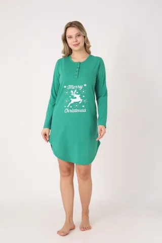 Rochie damă Crăciun verde cu ren „Merry Christmas”, mânecă lungă și nasturi la decolteu