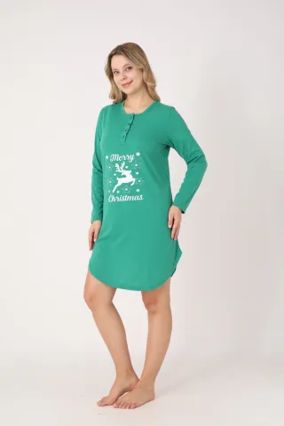 Rochie damă Crăciun verde cu ren „Merry Christmas”, mânecă lungă și nasturi la decolteu hover