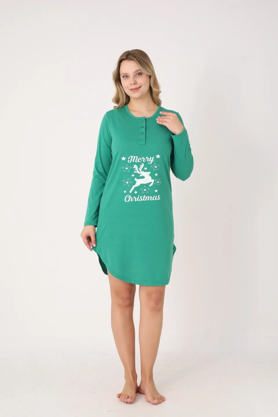 Rochie damă Crăciun verde cu ren „Merry Christmas”, mânecă lungă și nasturi la decolteu - 3