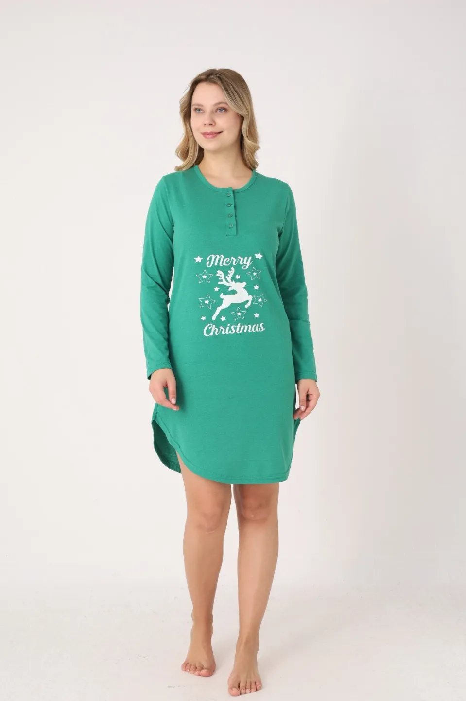 Rochie damă Crăciun verde cu ren „Merry Christmas”, mânecă lungă și nasturi la decolteu - 5