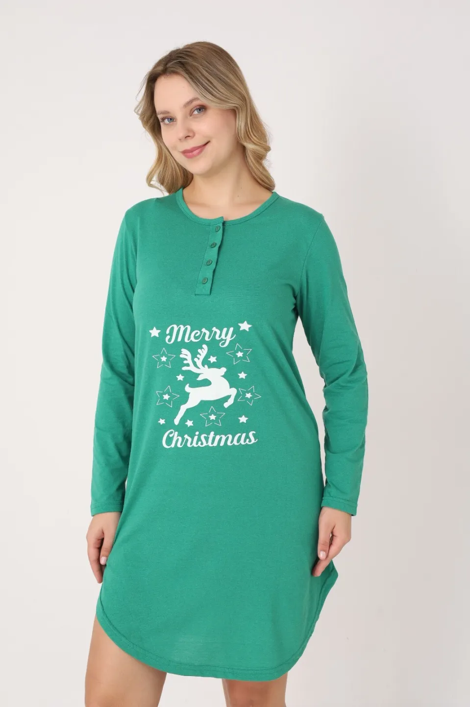 Rochie damă Crăciun verde cu ren „Merry Christmas”, mânecă lungă și nasturi la decolteu - 7