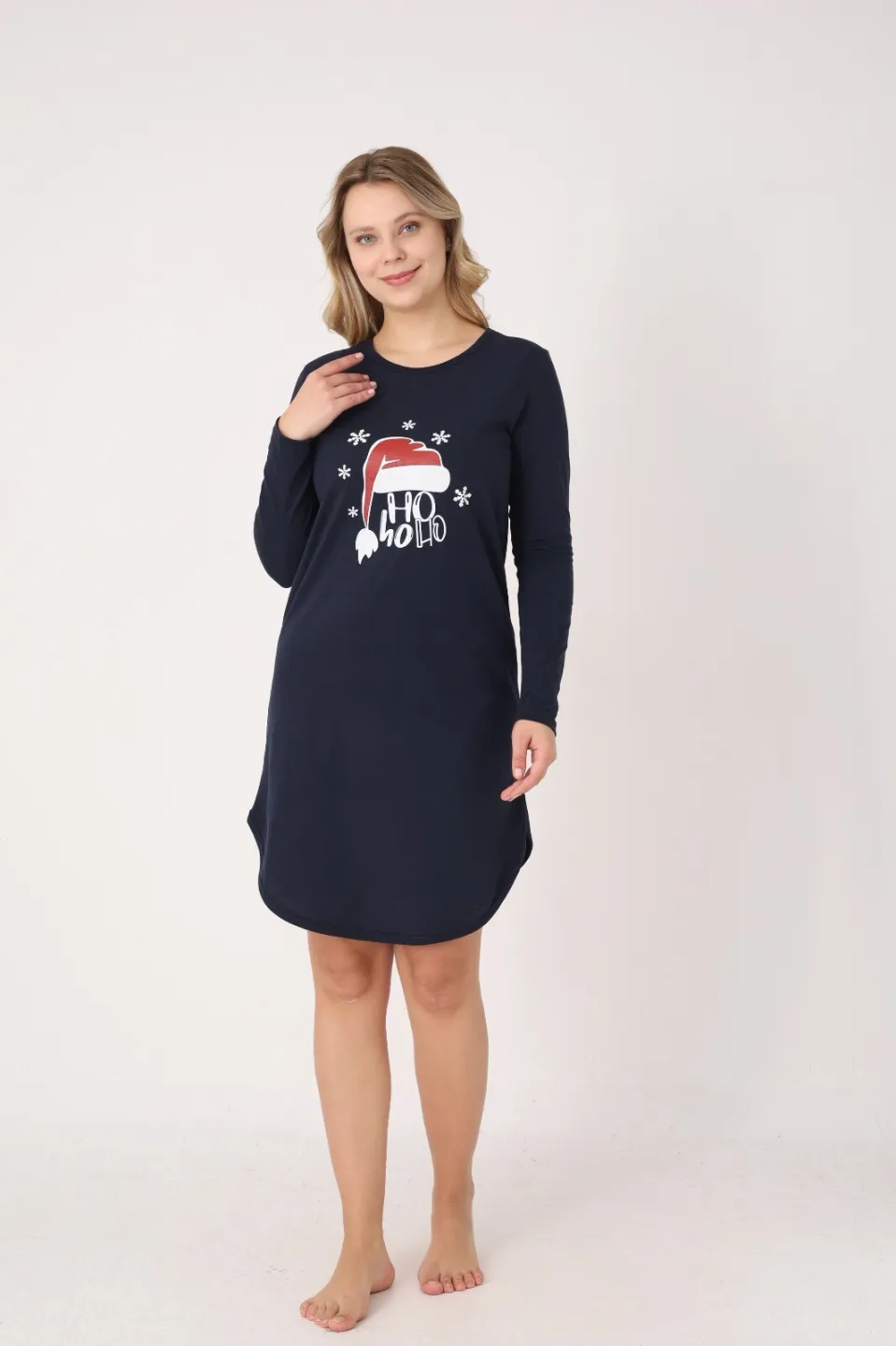 Rochie damă Crăciun bleumarin cu căciulă „Ho Ho Ho”, mânecă lungă - 2