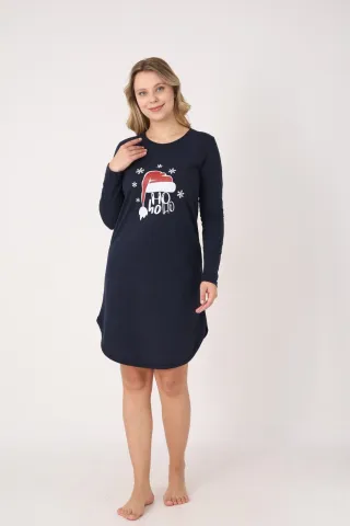 Rochie damă Crăciun bleumarin cu căciulă „Ho Ho Ho”, mânecă lungă hover