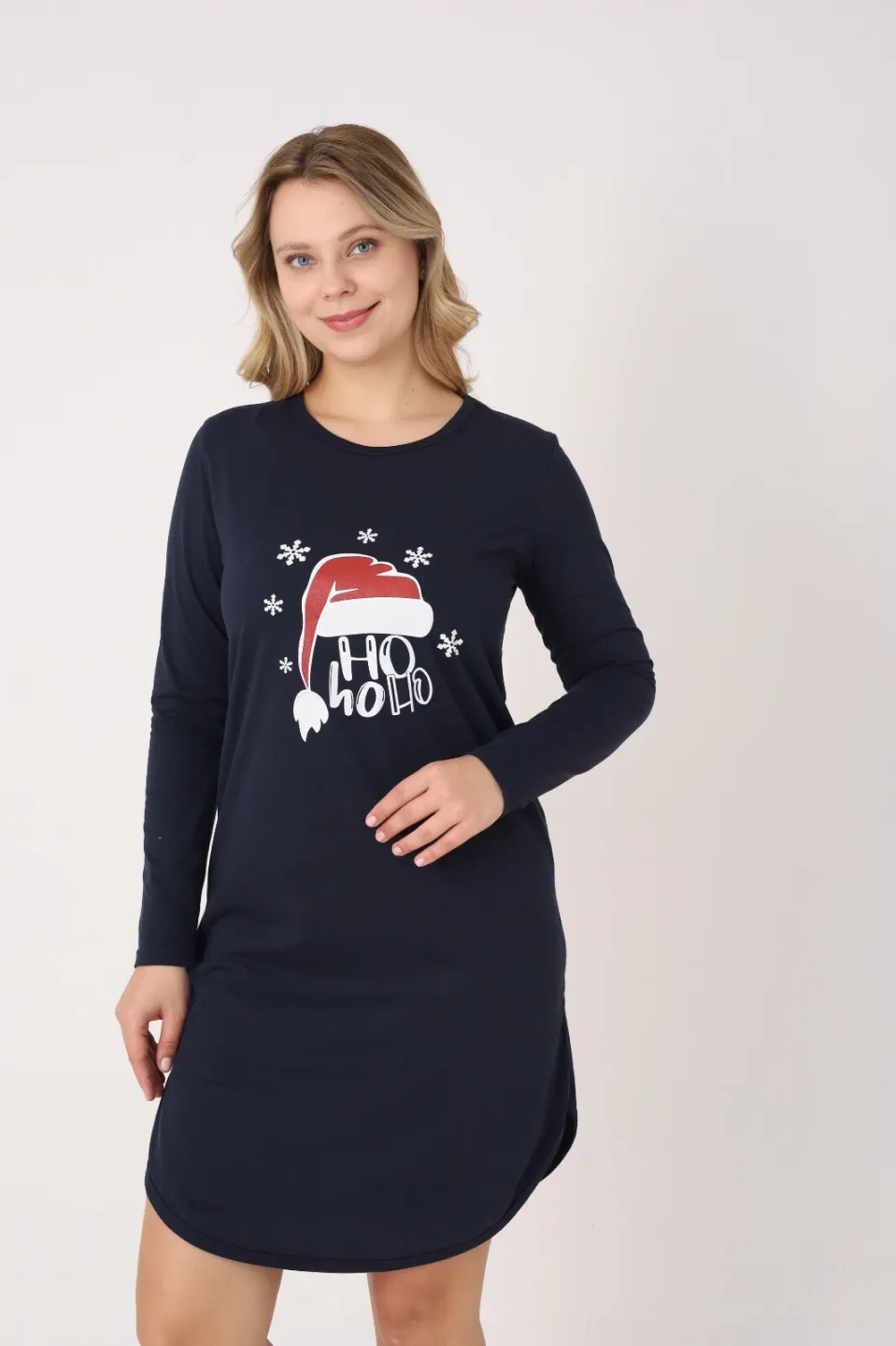 Rochie damă Crăciun bleumarin cu căciulă „Ho Ho Ho”, mânecă lungă - 4