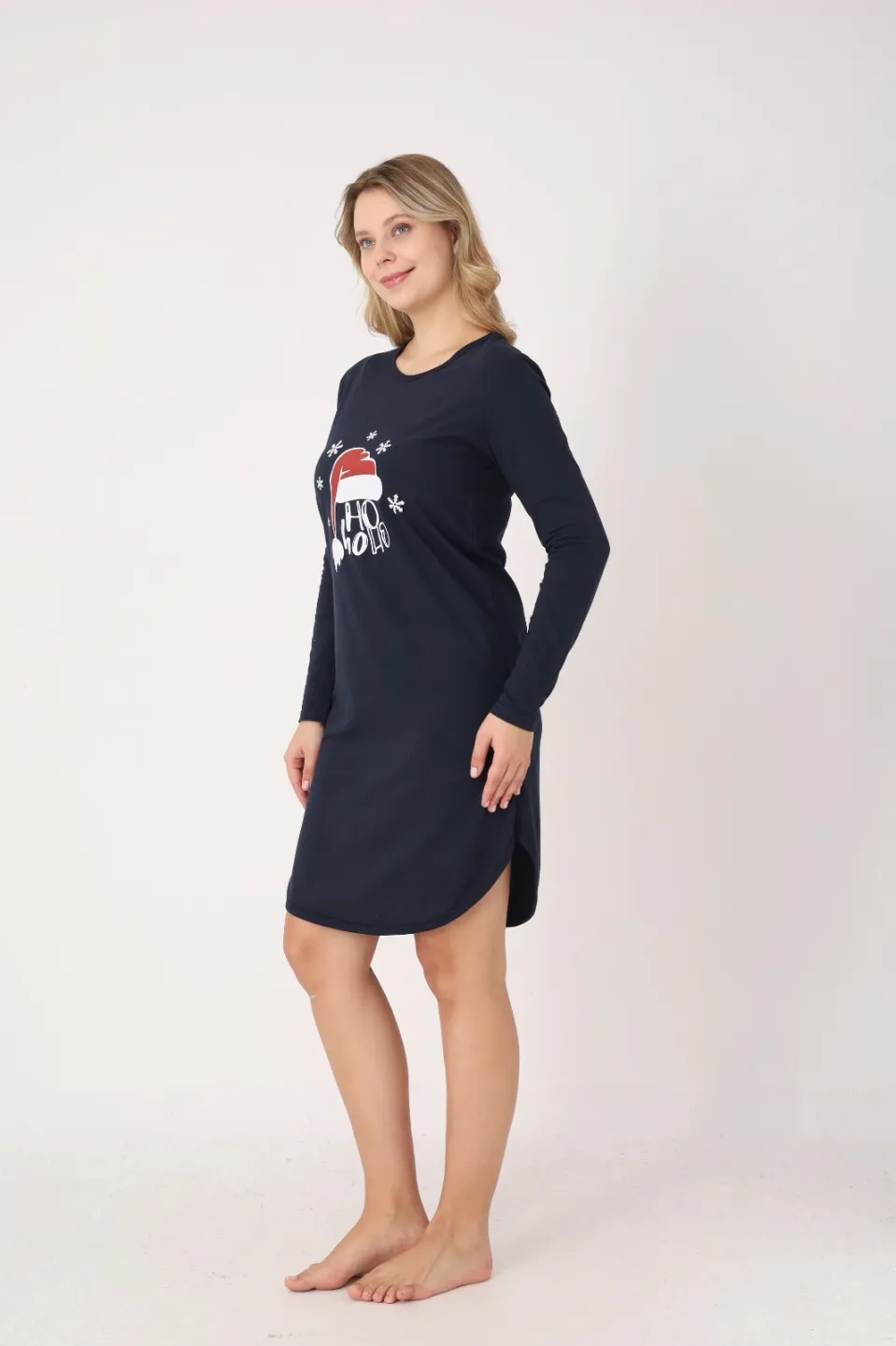Rochie damă Crăciun bleumarin cu căciulă „Ho Ho Ho”, mânecă lungă - 6