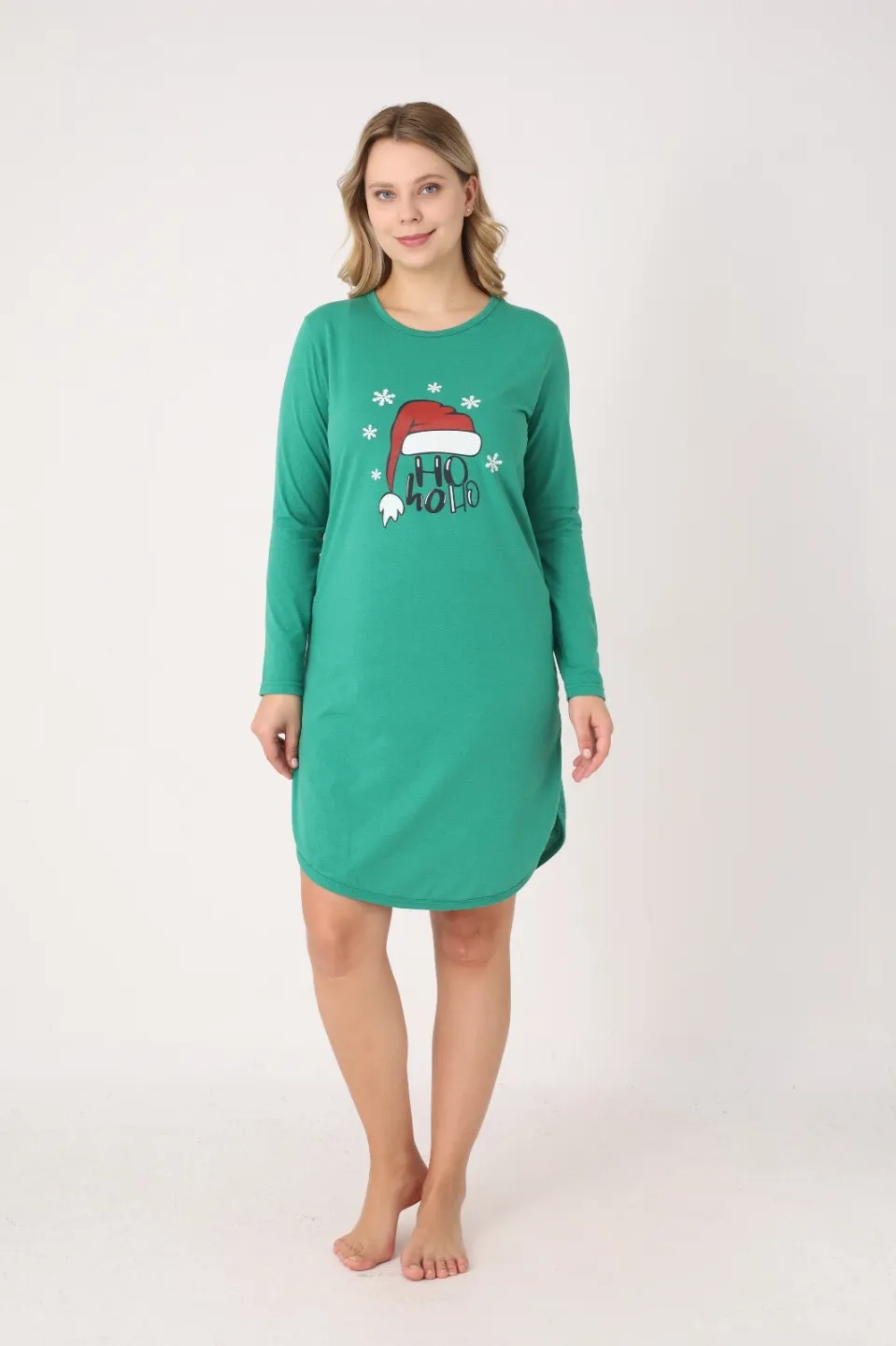 Rochie damă Crăciun verde cu căciulă „Ho Ho Ho”, mânecă lungă - 1