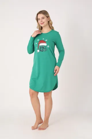 Rochie damă Crăciun verde cu căciulă „Ho Ho Ho”, mânecă lungă hover