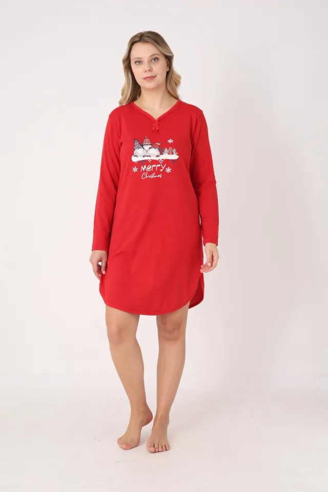 Rochie damă Crăciun roșie cu pitici „Merry Christmas”, mânecă lungă și fundițe la decolteu