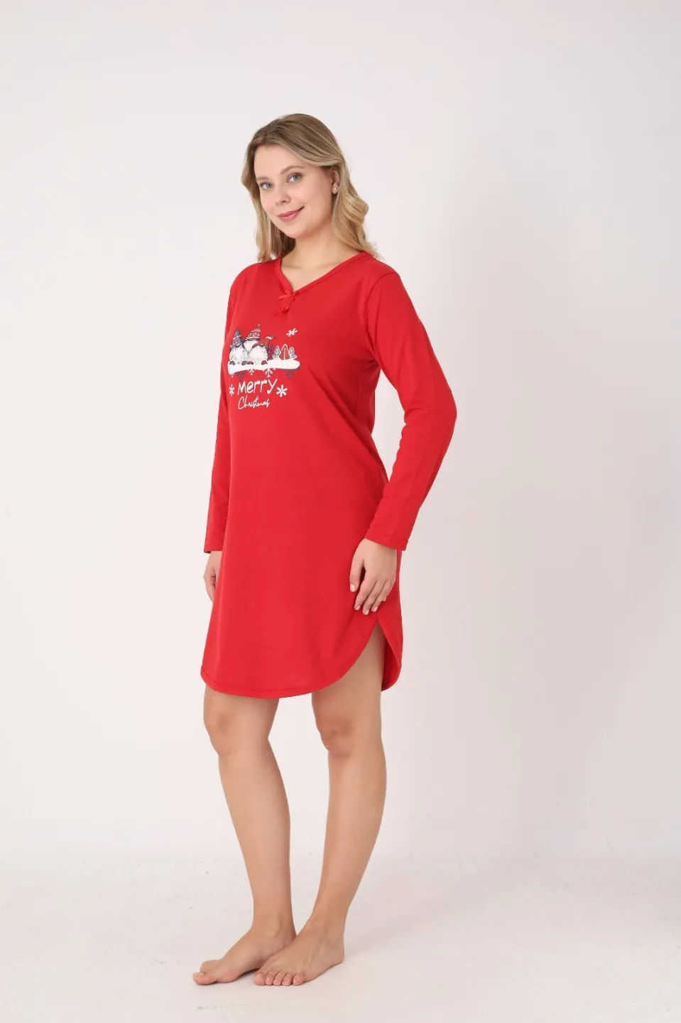 Rochie damă Crăciun roșie cu pitici „Merry Christmas”, mânecă lungă și fundițe la decolteu - 2