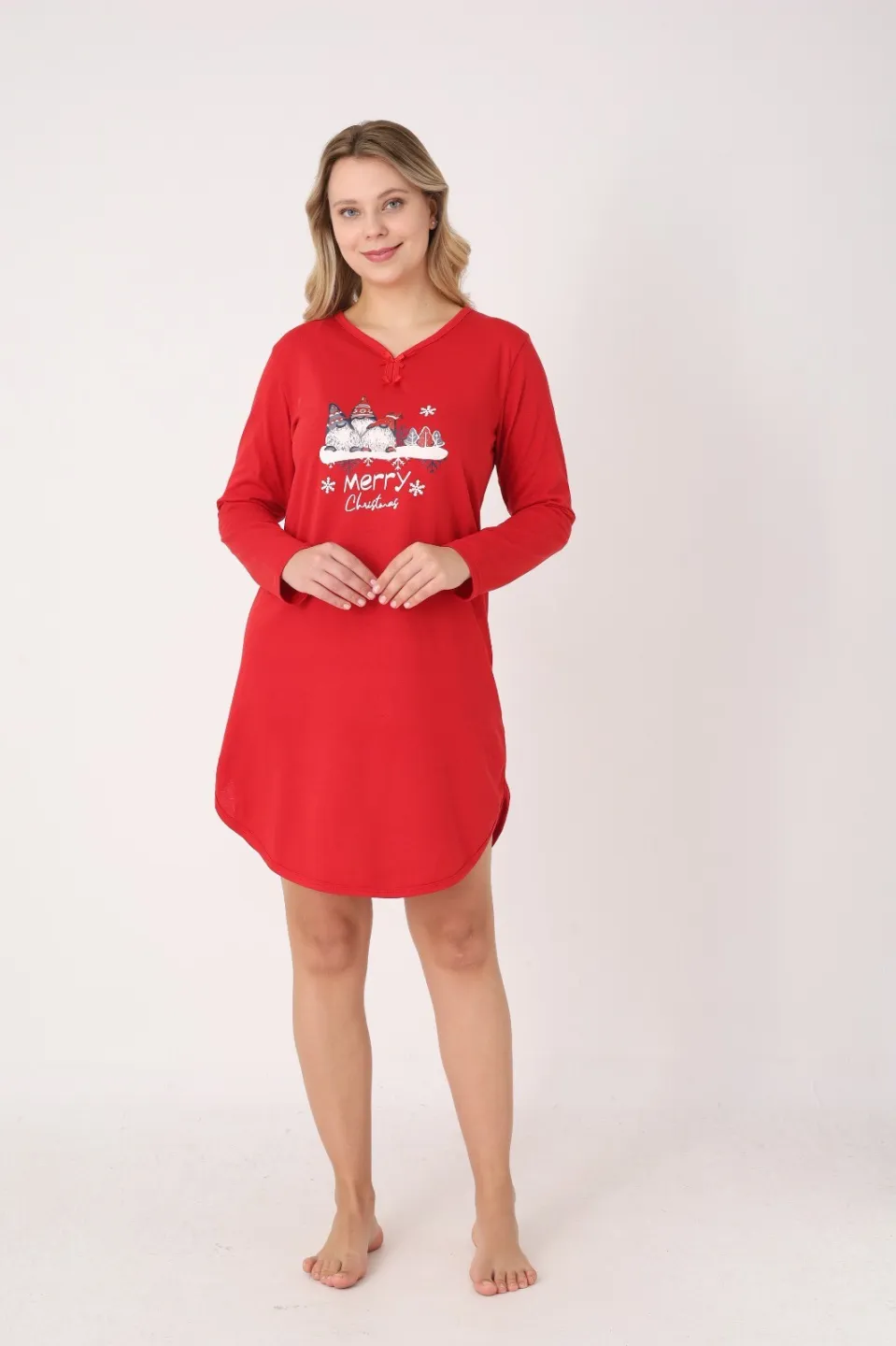 Rochie damă Crăciun roșie cu pitici „Merry Christmas”, mânecă lungă și fundițe la decolteu - 3