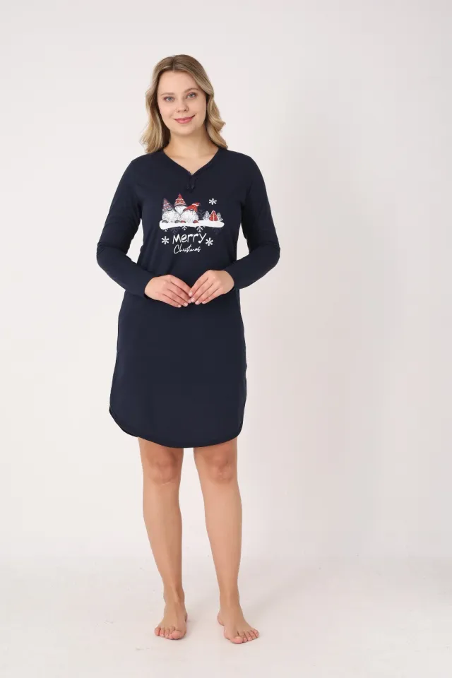 Rochie damă Crăciun bleumarin cu pitici „Merry Christmas”, mânecă lungă și fundițe la decolteu