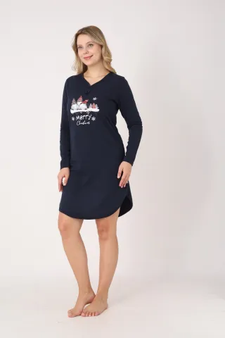 Rochie damă Crăciun bleumarin cu pitici „Merry Christmas”, mânecă lungă și fundițe la decolteu hover