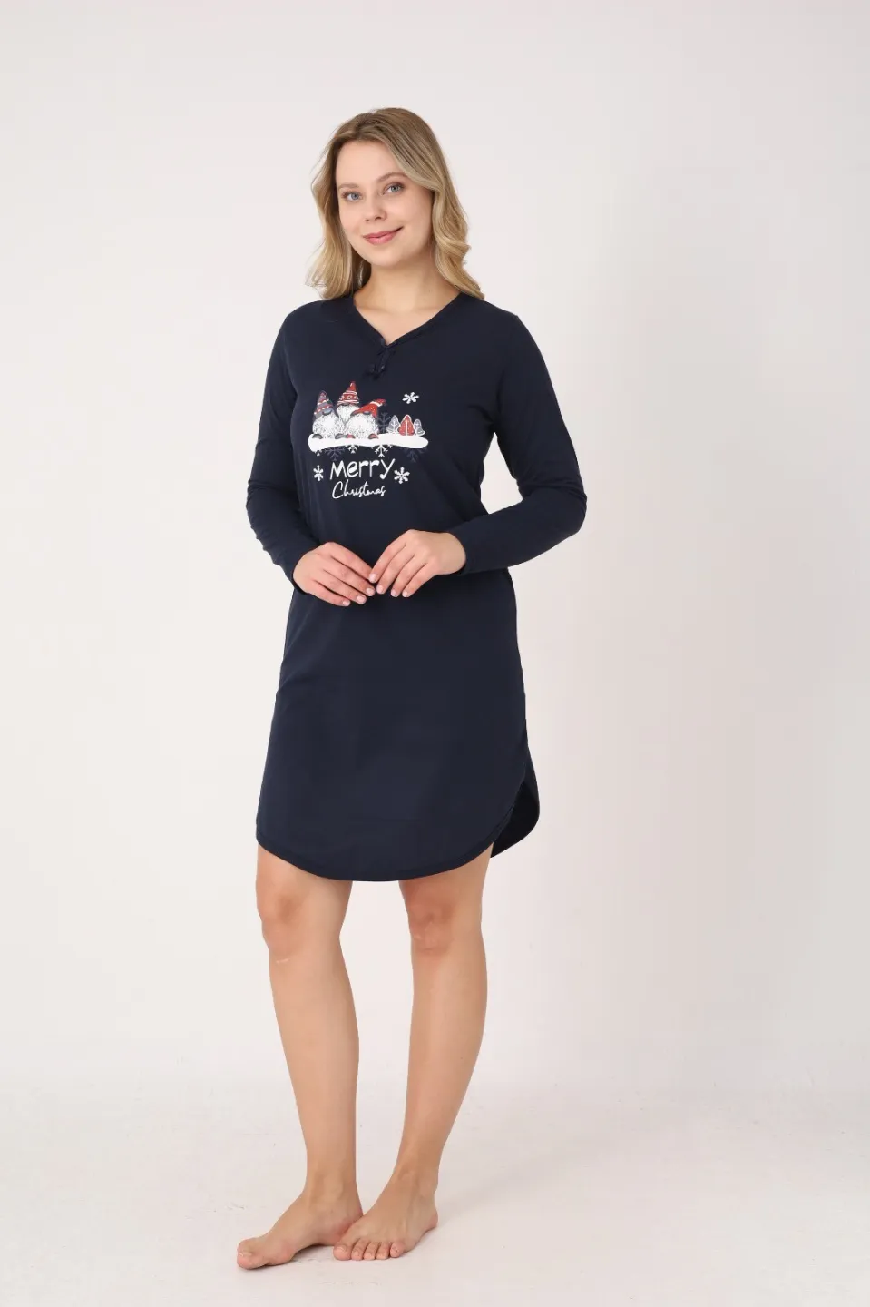 Rochie damă Crăciun bleumarin cu pitici „Merry Christmas”, mânecă lungă și fundițe la decolteu - 4