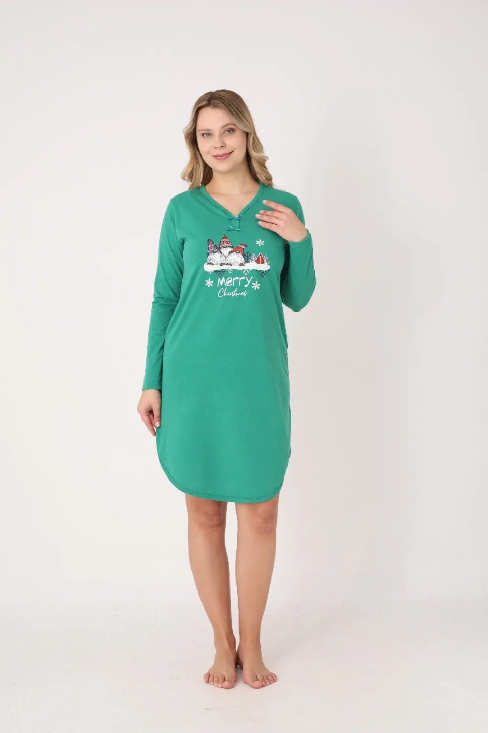 Rochie damă Crăciun verde cu pitici „Merry Christmas”, mânecă lungă și fundițe la decolteu - 2