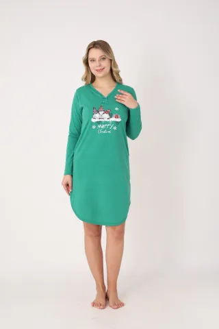 Rochie damă Crăciun verde cu pitici „Merry Christmas”, mânecă lungă și fundițe la decolteu hover