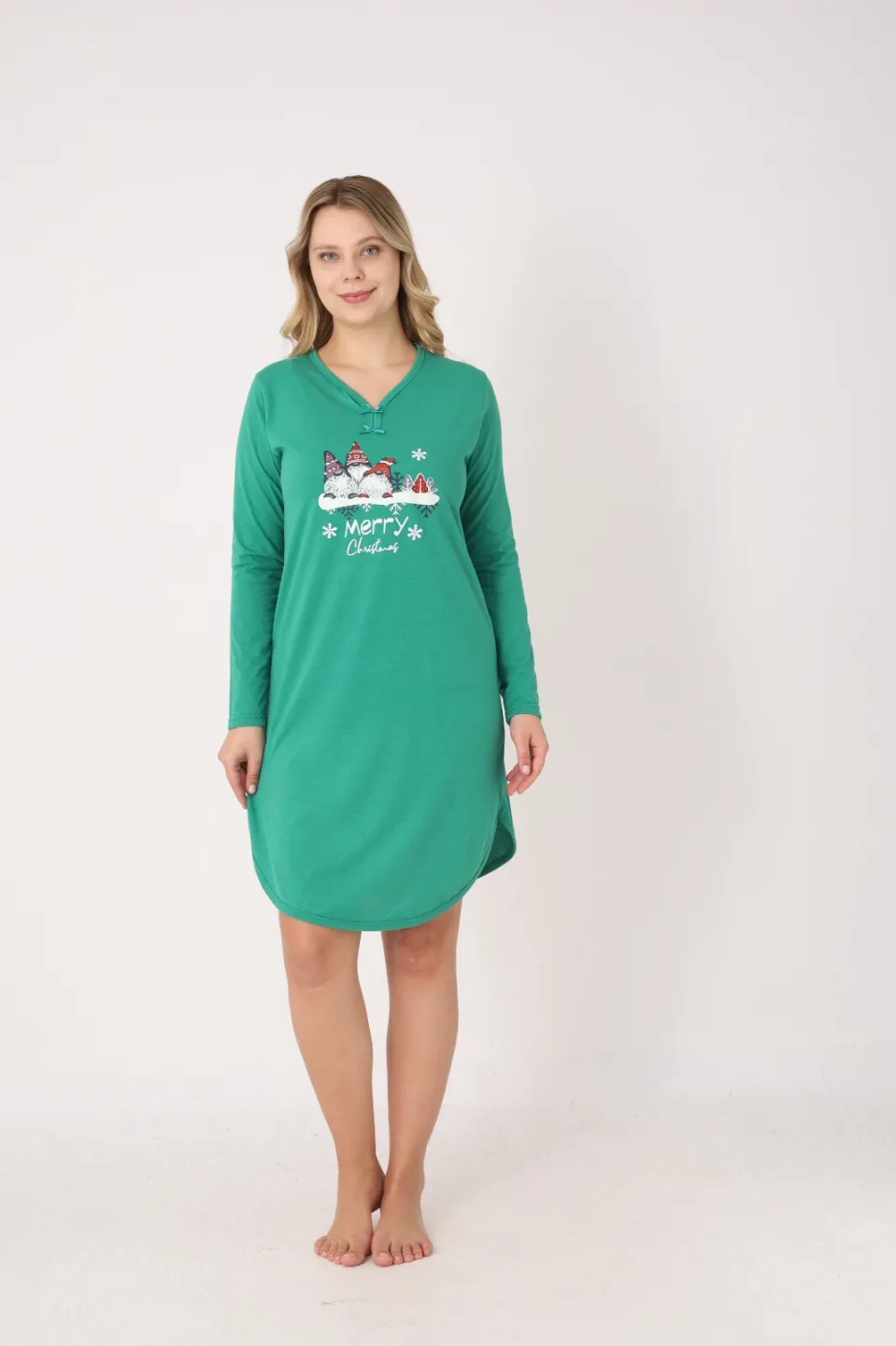 Rochie damă Crăciun verde cu pitici „Merry Christmas”, mânecă lungă și fundițe la decolteu - 3