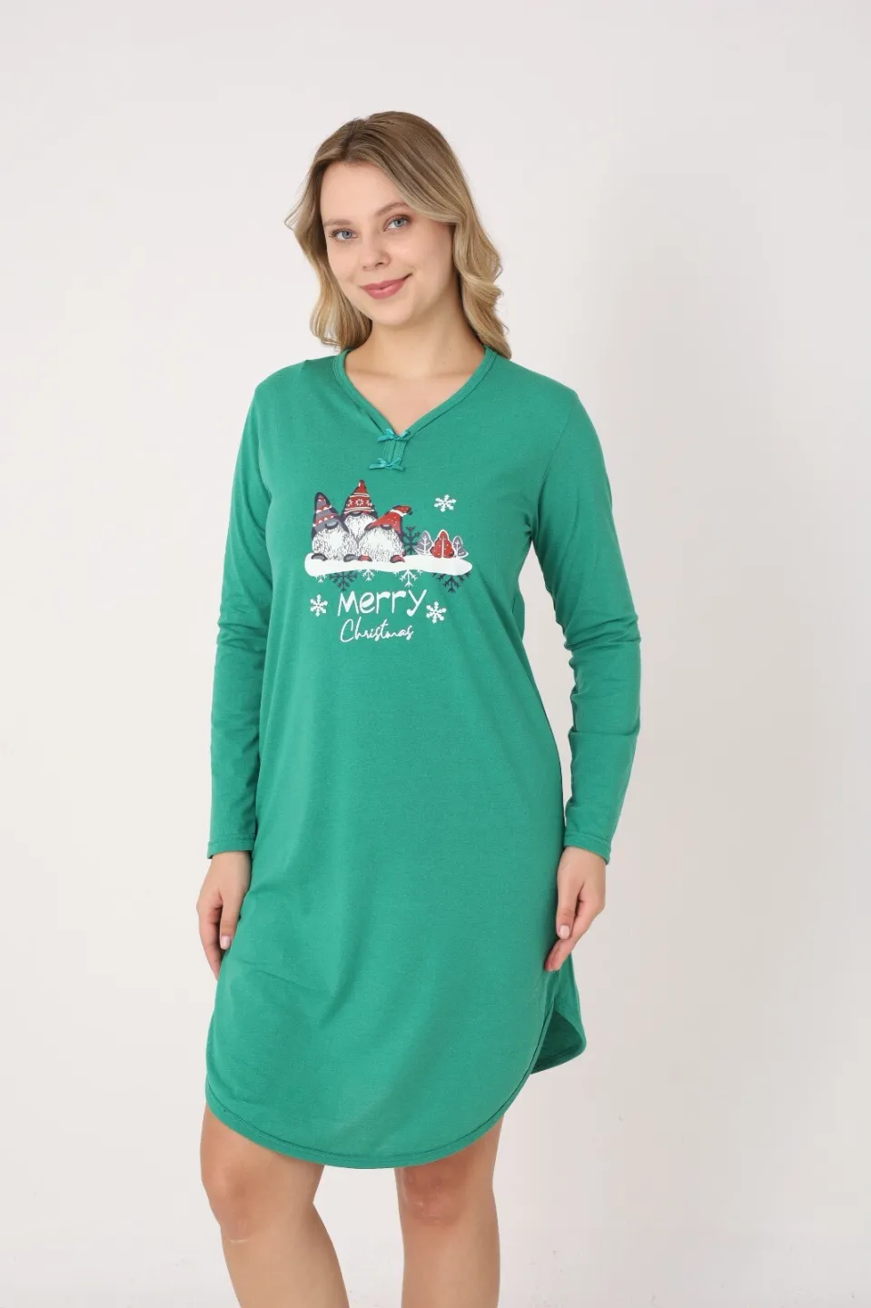 Rochie damă Crăciun verde cu pitici „Merry Christmas”, mânecă lungă și fundițe la decolteu - 4