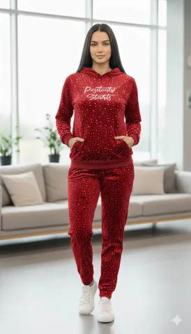 Trening damă de catifea roșu cu steluțe, bluză cu glugă – „Positivity Starts”