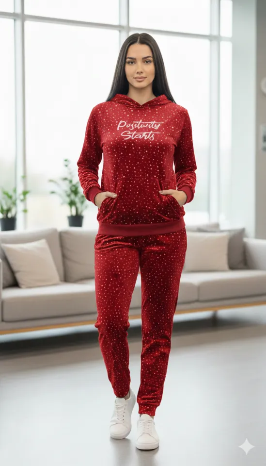 Trening damă de catifea roșu cu steluțe, bluză cu glugă – „Positivity Starts”