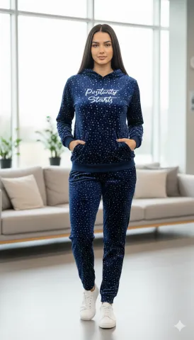 Trening damă de catifea bleumarin cu steluțe, bluză cu glugă – „Positivity Starts”