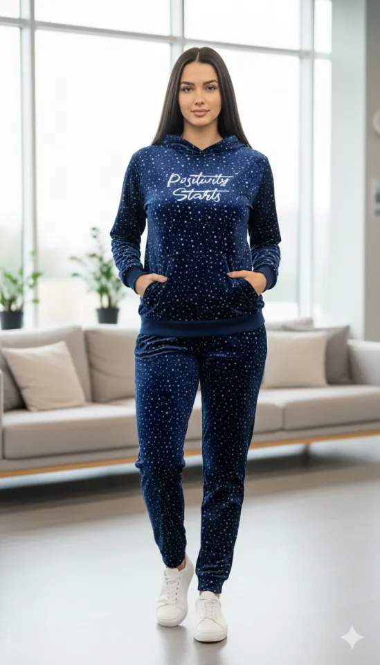 Trening damă de catifea bleumarin cu steluțe, bluză cu glugă – „Positivity Starts”