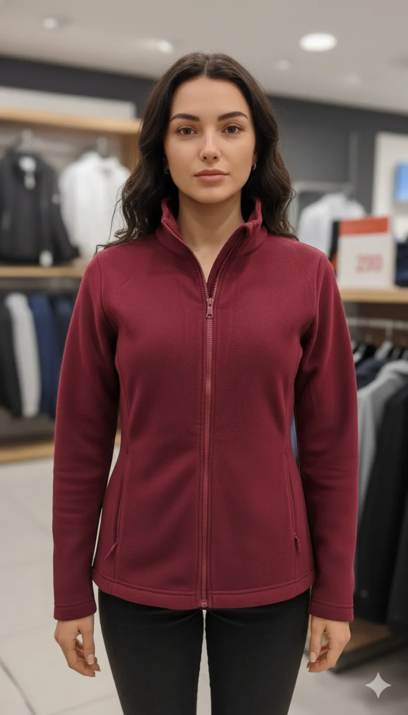 Bluză damă polar vișiniu cu mânecă lungă, fermoar și buzunare - 1
