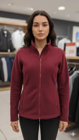 Bluză damă polar vișiniu cu mânecă lungă, fermoar și buzunare