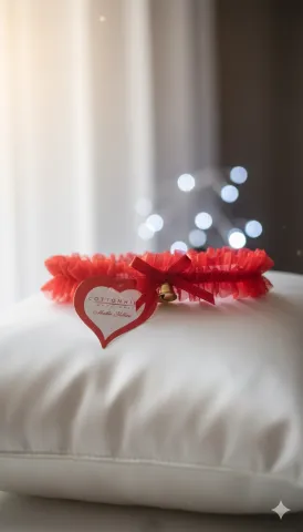 Jartieră din dantelă roșie, elastică, cu fundiță și clopoțel