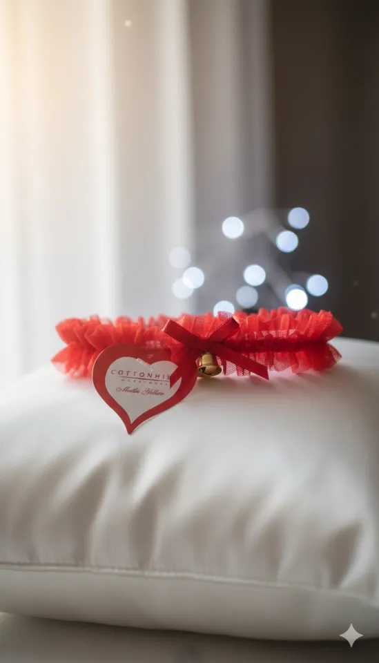 Jartieră din dantelă roșie, elastică, cu fundiță și clopoțel